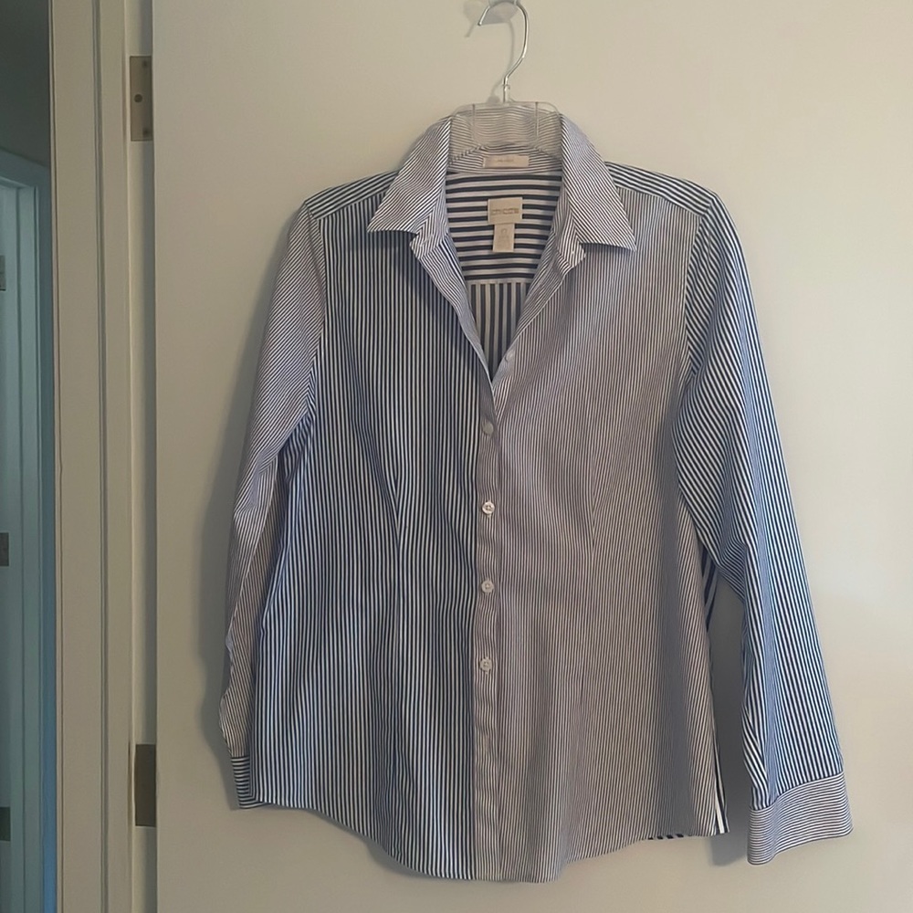 Chico’s button down, blue and white striped, very good condition.